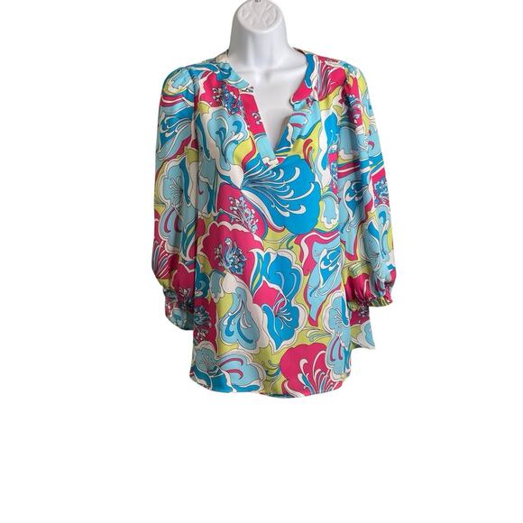 Vintage Anne Klein High-Low Pink Turquoise 60’s Psychedelic Print‎ Blouse Size M - Picture 1 of 16